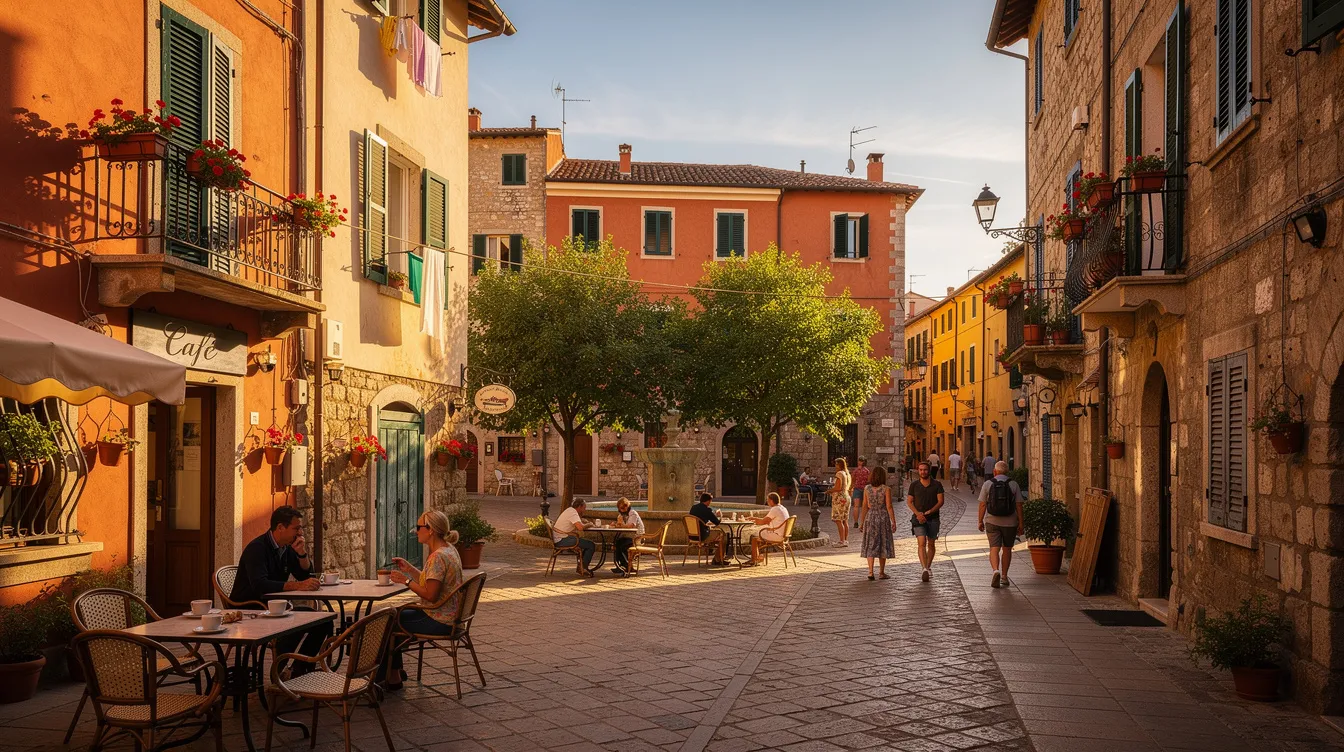 Ein sonniger Tag in einer italienischen Kleinstadt, wo alte Steinhäuser in warmen Ockertönen erstrahlen und eine belebte Piazza mit fröhlichen Menschen erfüllt ist. Diese Szene strahlt das Gefühl von "la vita è bella" aus und erinnert an die Komik und das Glück des Lebens.