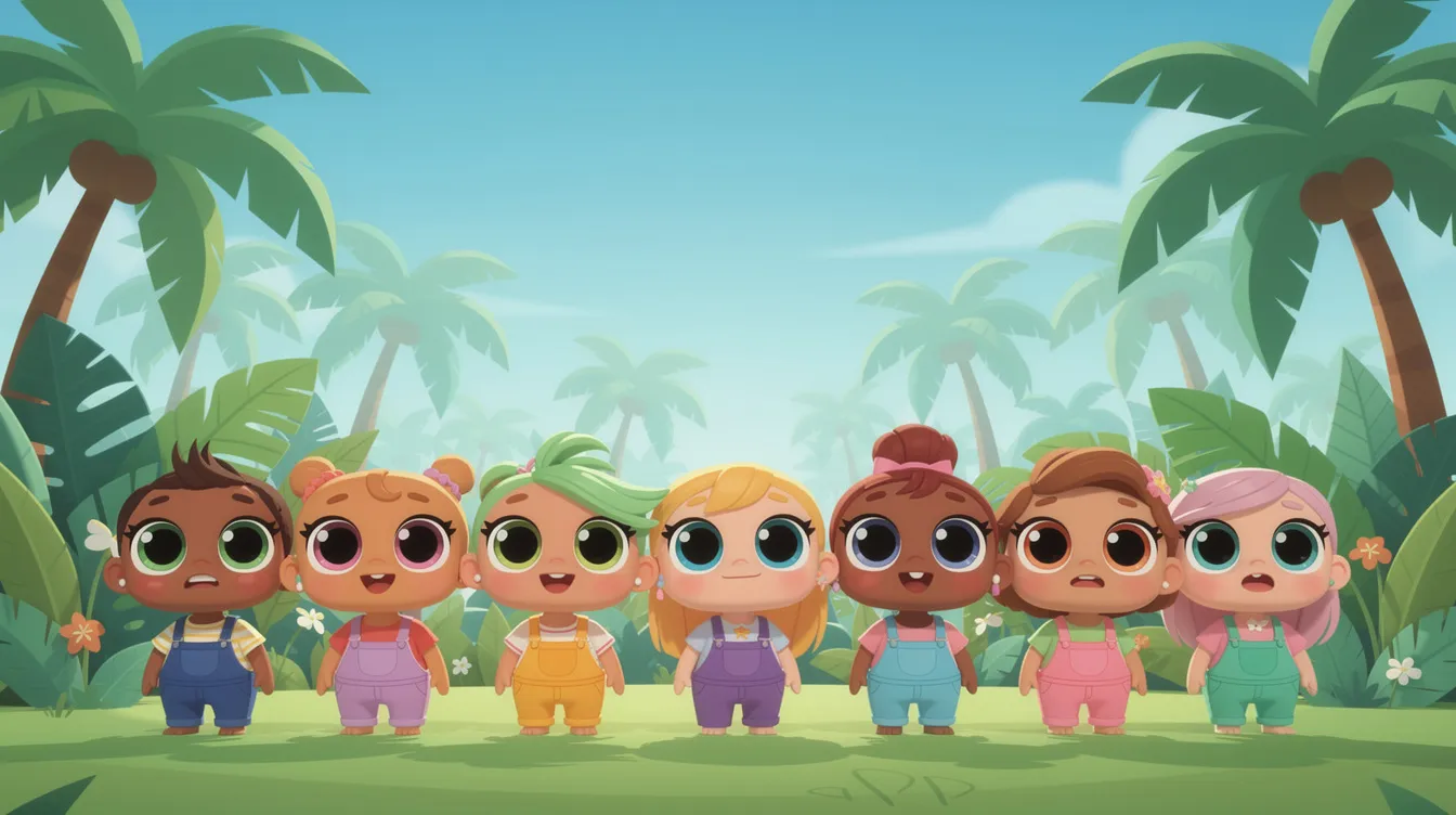Die bunten, kleinen animierten Figuren mit großen Augen und Latzhosen stehen fröhlich in einer Reihe vor einem tropischen Hintergrund mit Palmen. Diese Charaktere könnten Teil einer neuen Serie oder eines Films sein, die für Kinder konzipiert sind und die Bedeutung von Freundschaft und Zusammenarbeit vermitteln.