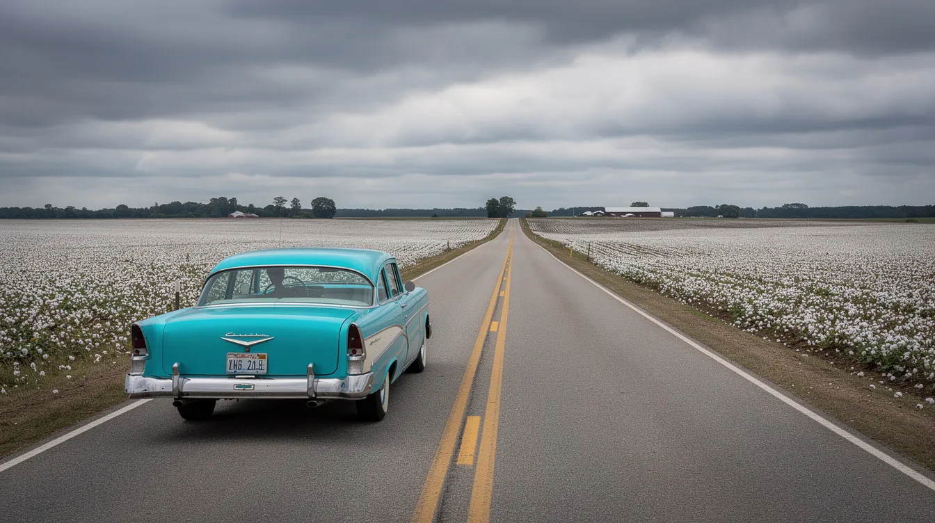 Ein türkisfarbener Oldtimer fährt auf einer geraden Straße durch die weite, flache Landschaft des amerikanischen Südens, umgeben von Baumwollfeldern und einem wolkenverhangenen Himmel. Diese Szenerie könnte an die Reise von Tony Lip und Dr. Don Shirley aus dem Film "Green Book – Eine besondere Freundschaft" erinnern, die während ihrer Konzerttournee durch die USA viele Herausforderungen meisterten.