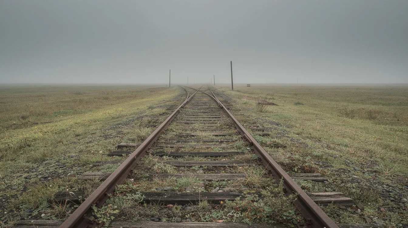 Das Bild zeigt alte Gleise, die in die Ferne führen, umgeben von niedrigem Gras und einem grauen Himmel, was an die Themen von Erinnerung und Geschichte erinnert. Diese Szenerie spiegelt die tiefe Bedeutung wider, die im Film "La vita è bella" von Roberto Benigni vermittelt wird, und lädt zur Reflexion über das Leben und die Herausforderungen der Vergangenheit ein.