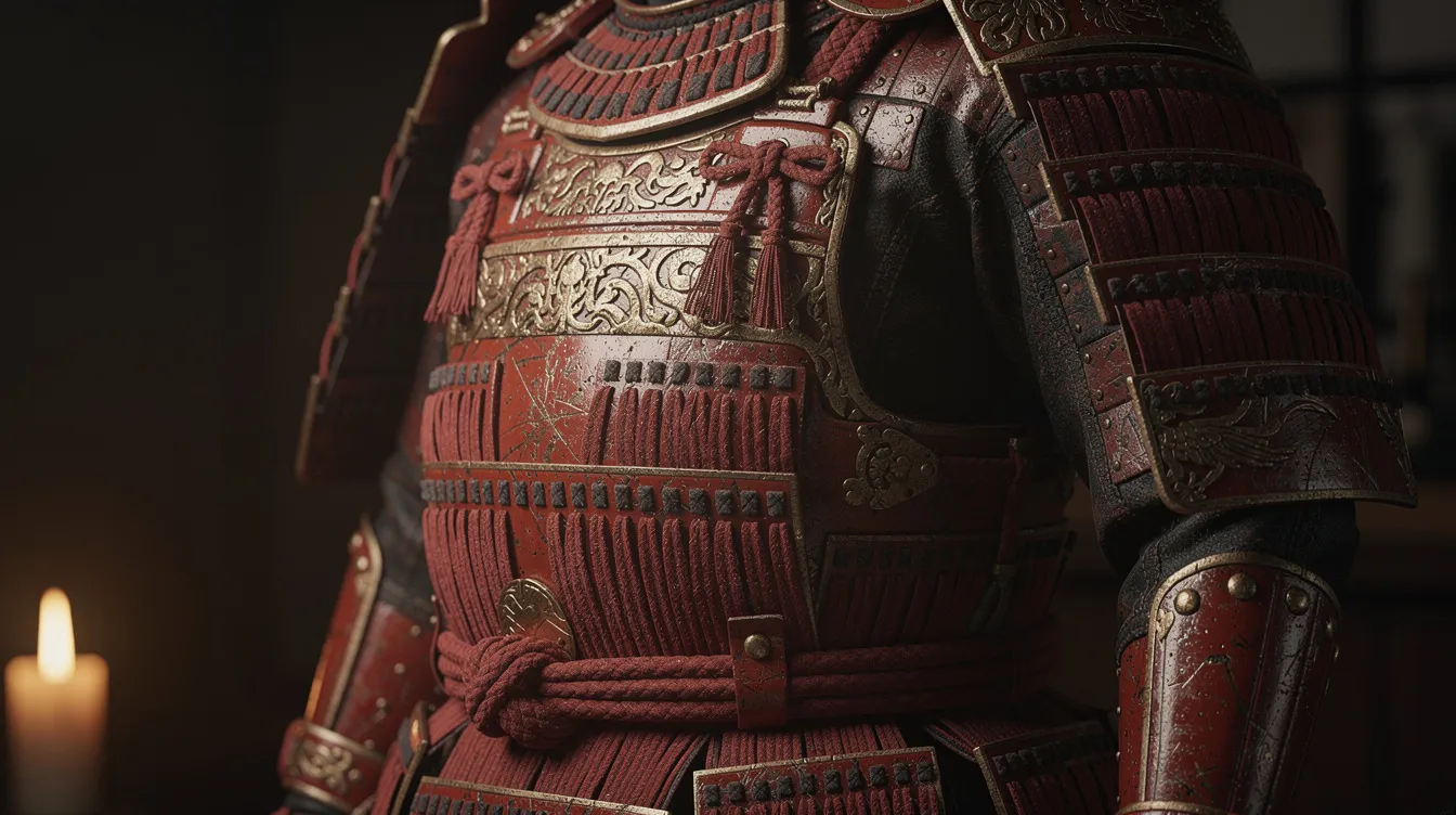 Die Nahansicht zeigt eine kunstvoll gearbeitete japanische Samurai-Rüstung in kräftigem Rot mit goldenen Verzierungen, die vor einem dunklen Hintergrund mit schwachem Kerzenlicht leuchtet. Diese Rüstung erinnert an die epischen Geschichten von Akira Kurosawa und die dramatischen Intrigen der Samurai-Dynastien.