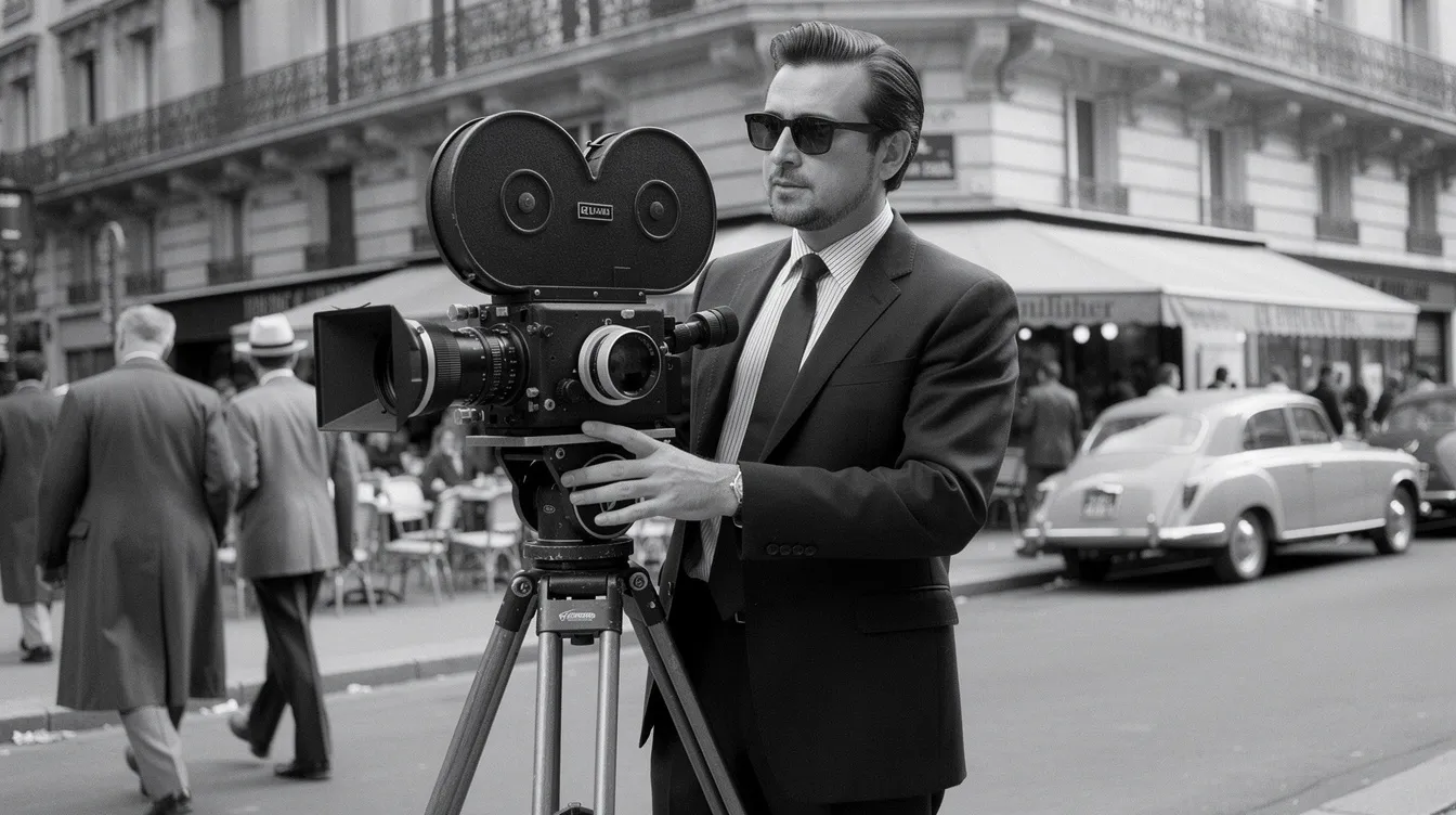 Ein Filmregisseur der 1960er Jahre, gekleidet in einen Anzug und dunkle Sonnenbrille, steht hinter einer Filmkamera auf einer belebten Pariser Straße. Das Schwarzweißfoto vermittelt den dokumentarischen Stil der Nouvelle Vague, während im Hintergrund Passanten und Autos vorbeiziehen.