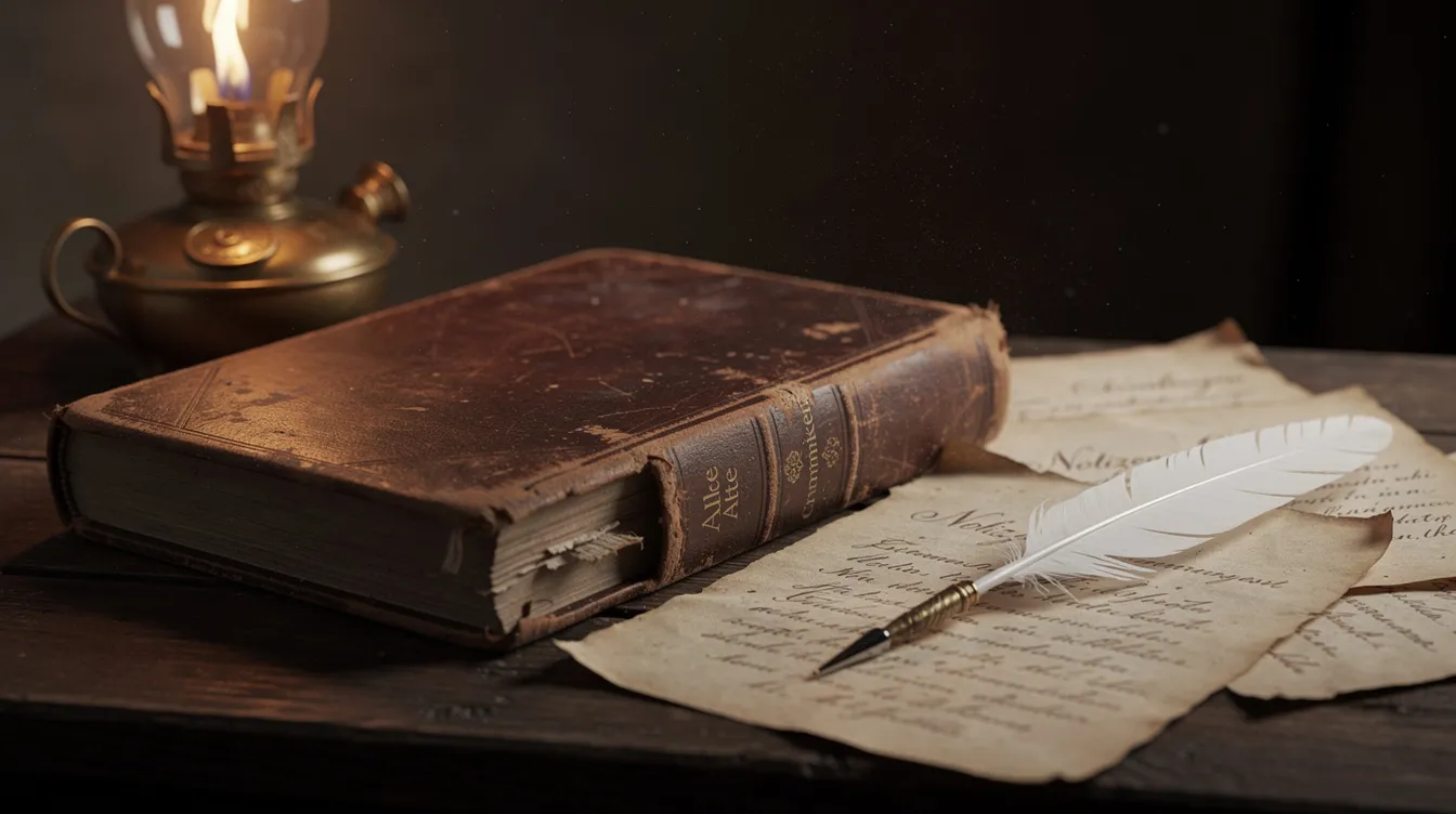 Ein altes Buch mit Ledereinband liegt auf einem hölzernen Schreibtisch, umgeben von vergilbten Papieren und einer Feder. Neben dem Buch steht eine Öllampe, die eine nostalgische Atmosphäre schafft, die an die Zeit von monumentalen Filmen wie "Ben Hur" erinnert.