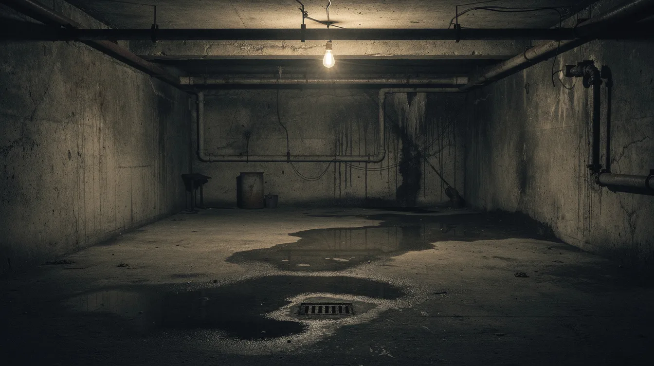Ein dunkler, feuchter Keller ist zu sehen, in dem eine einzelne nackte Glühbirne schwaches Licht auf die Betonwände wirft. Wasserlachen liegen auf dem Boden, was die düstere Atmosphäre verstärkt, die an die Spannung eines Thrillers erinnert.
