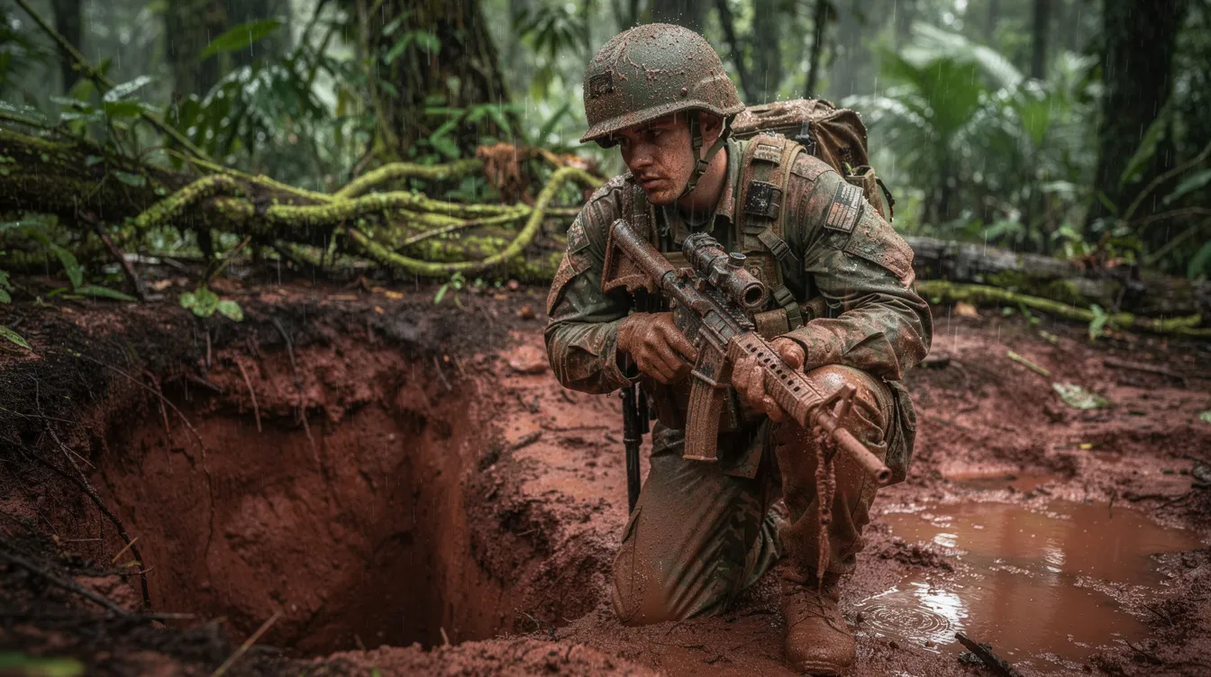 Ein Soldat in einer verschlammten Uniform kniet neben einem Erdloch im tropischen Regenwald, während der Regen auf seine Ausrüstung fällt. Die Szene vermittelt die rauen Bedingungen des Vietnamkriegs und die Herausforderungen, mit denen die Soldaten konfrontiert sind.