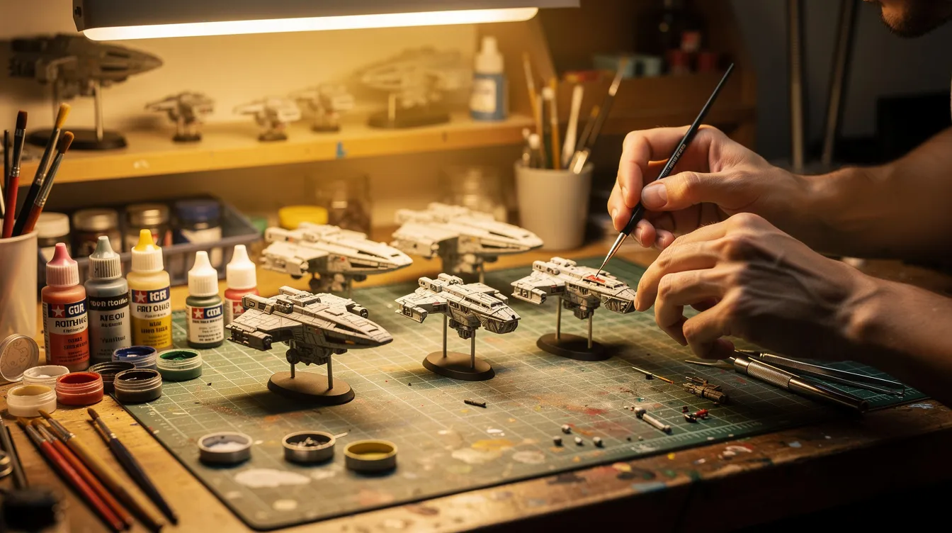 In einer Werkstatt sind Miniatur-Raumschiffe auf einem Arbeitstisch zu sehen, während an den Modellen feine Detailarbeiten durchgeführt werden. Werkzeuge und Farbdosen stehen neben dem Tisch, beleuchtet von warmem Werkstattlicht, das eine kreative Atmosphäre für das Basteln von Star Wars Modellen schafft.