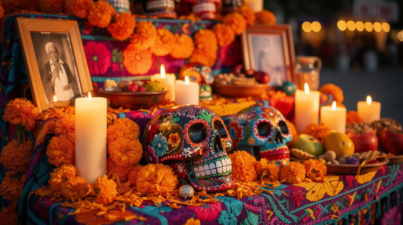 Ein farbenfroher Altar zum Tag der Toten zeigt orangefarbene Ringelblumen, bunte Zuckerschädel und Kerzen, die eine lebendige Tradition widerspiegeln. Diese Feierlichkeit erinnert an die Bedeutung von Leben und Tod, ähnlich den Themen in Pixar-Filmen wie "Coco".
