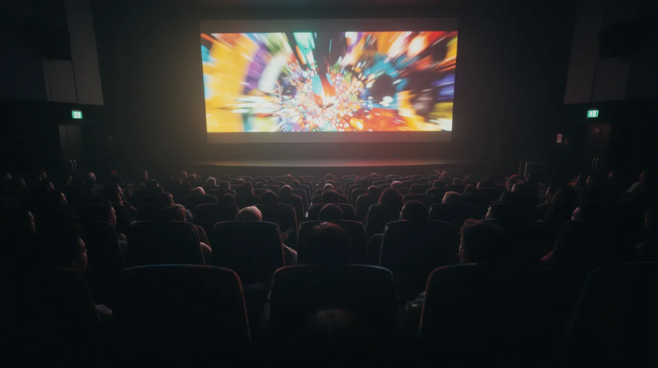 Ein dunkler Kinosaal mit einer beleuchteten Leinwand, auf der ein farbenfrohes Filmbild zu sehen ist. Im Vordergrund sind die Silhouetten des Publikums zu erkennen, die gespannt auf das Geschehen auf der Leinwand blicken.