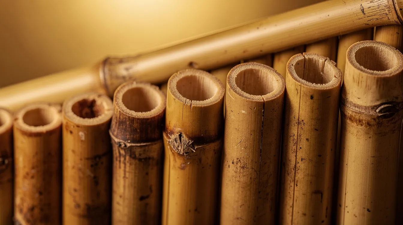 Die Nahaufnahme zeigt eine elegante Panflöte aus Bambus, die vor einem warmen, goldenen Hintergrund mit sanftem Licht präsentiert wird. Diese harmonische Komposition könnte an die nostalgischen Klänge aus Filmen wie "Es war einmal in Amerika" erinnern, die von Regisseuren wie Sergio Leone geprägt wurden.