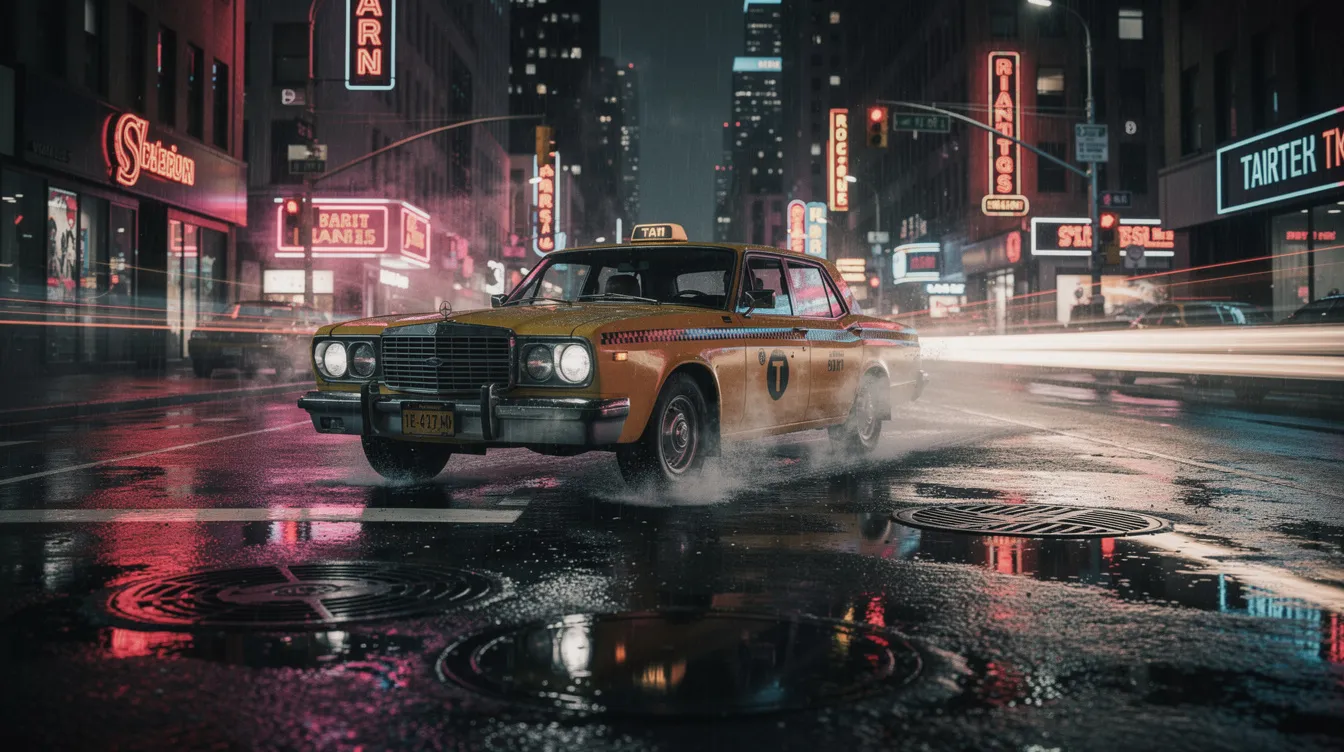 Ein gelbes Taxi fährt nachts durch eine regennasse Großstadtstraße, die von neonfarbigen Lichtern erleuchtet wird, während Dampf aus den Gullydeckeln aufsteigt. Diese Szene erinnert an den Filmklassiker "Taxi Driver" mit Robert De Niro als Travis Bickle, der die dunklen Seiten der Stadt erkundet.