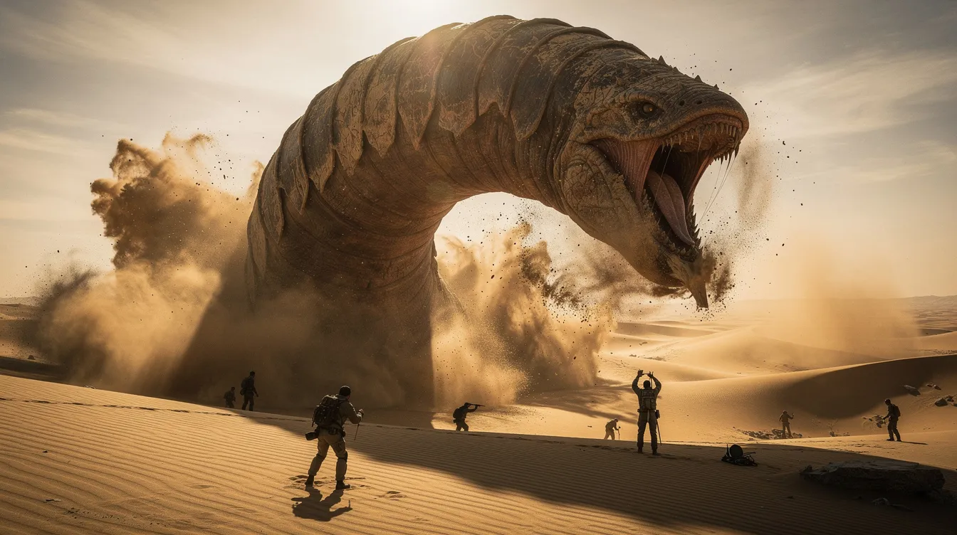 Ein gigantischer Wurm taucht aus goldfarbenem Sand auf, umgeben von aufgewirbelten Staubwolken, während winzige menschliche Figuren im Vordergrund stehen. Diese Szene erinnert an die beeindruckenden Elemente der Science-Fiction-Welt von "Dune", die von Denis Villeneuve meisterhaft inszeniert wurde.