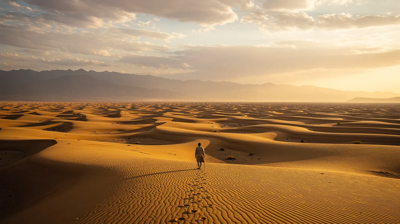 Ein extrem weiter Blick auf eine post-apokalyptische Landschaft, die an "Mad Max: Fury Road" erinnert, zeigt die Weite des Terrains und die kleinen Figuren der Charaktere im Vordergrund, die in einem dramatischen Verhältnis zur Umgebung stehen. Diese extreme Langaufnahme vermittelt ein Gefühl von Isolation und Gefahr in der filmischen Erzählung.
