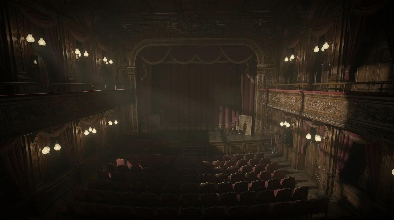 Das viktorianische Theaterinterieur zeigt dunkle Holzvertäfelungen und schwach brennende Gaslampen, die eine geheimnisvolle Atmosphäre schaffen. Roter Samt und tiefe Schatten verleihen dem Raum eine elegante Note, während aus einem hohen Winkel fotografiert wird, was die majestätische Bühne und das Publikum in den Fokus rückt.