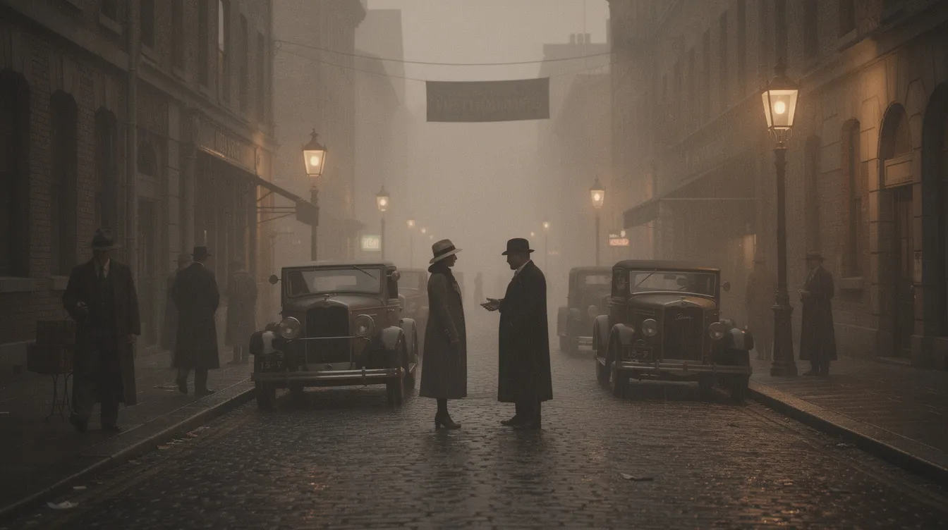 Die atmosphärische Straßenszene der 1930er Jahre zeigt gepflasterte Straßen, alte Automobile und Passanten in Mänteln und Hüten, die in gedämpften Braun- und Sepiatönen gehalten sind. Diese Kulisse erinnert an die Gaunerkomödie "Der Clou", in der Trickbetrüger wie Johnny Hooker und Henry Gondorff spannende Abenteuer erleben.