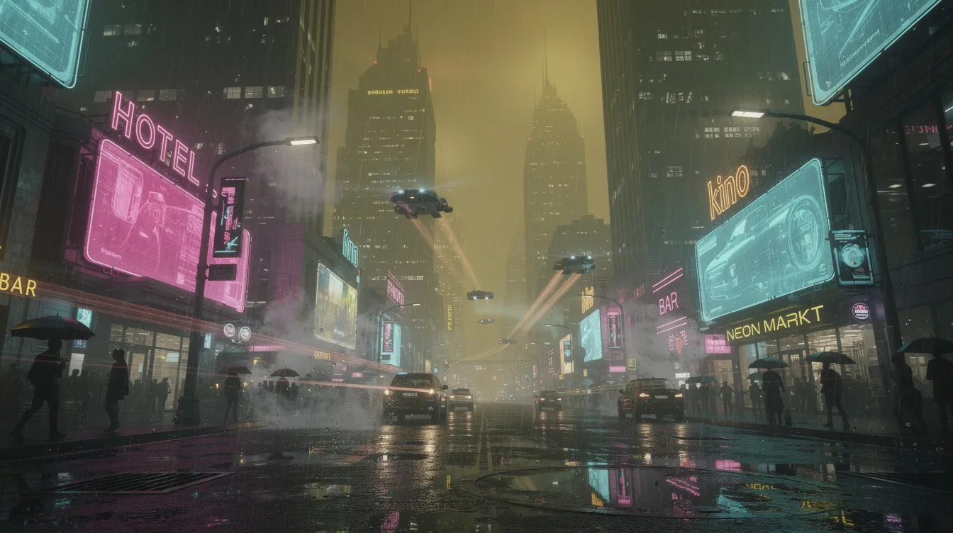 Die Bildbeschreibung zeigt eine futuristische Großstadt bei Nacht, in der Regen auf die Straßen fällt und Neonreklamen leuchten. Fliegende Fahrzeuge durchqueren den dichten Smog, der die Szenerie in eine sci-fi Atmosphäre eintaucht, die an die besten Filme der 80er Jahre erinnert.