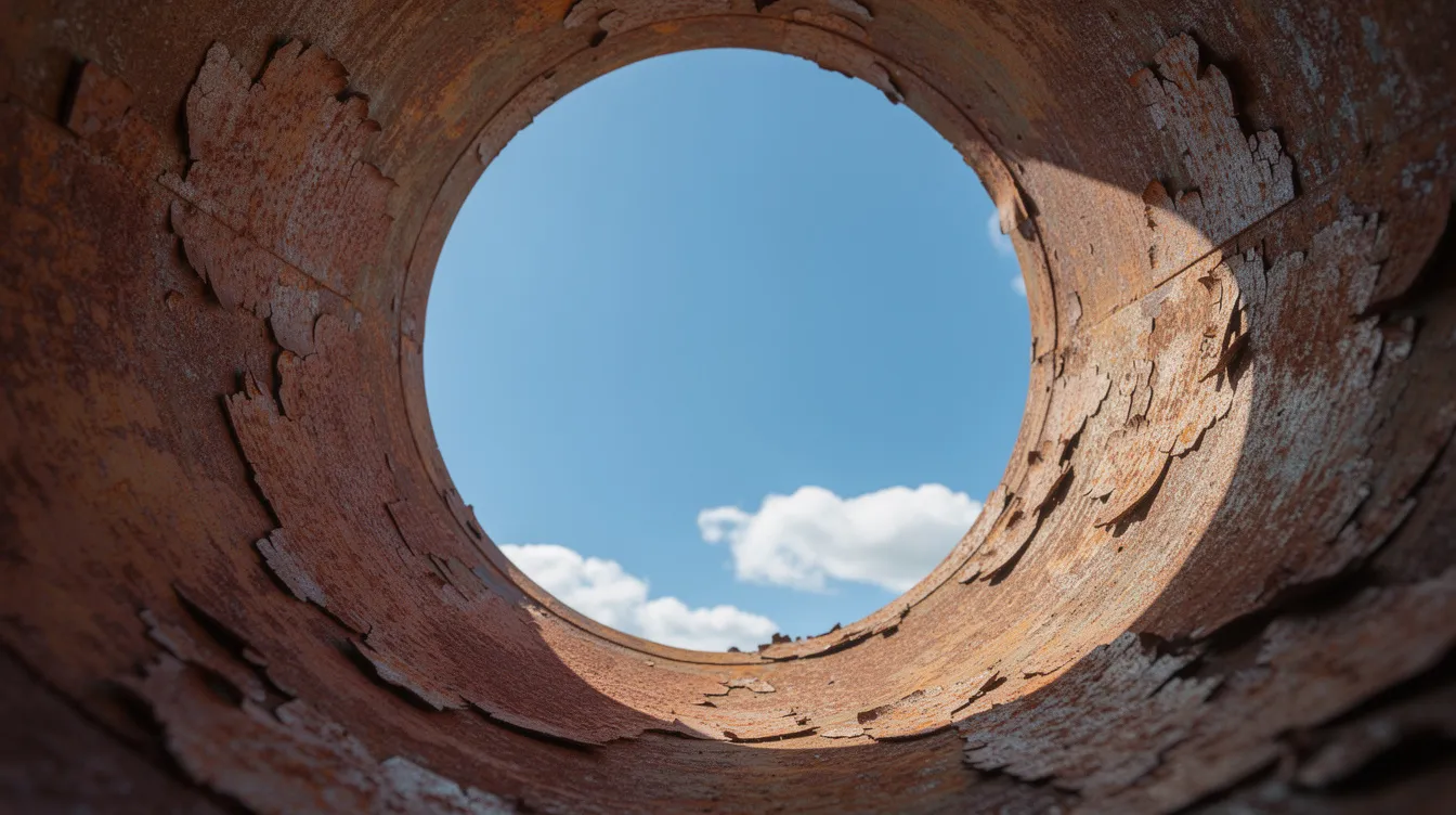 Der Blick von unten durch eine verrostete Metallöffnung zeigt einen klaren, blauen Himmel mit vereinzelten Wolken, der an die Freiheit und das Abenteuer erinnert, die Christopher McCandless in der Wildnis suchte. Diese Perspektive vermittelt ein Gefühl der Einsamkeit und der Sehnsucht nach einem Leben fernab der Zivilisation.