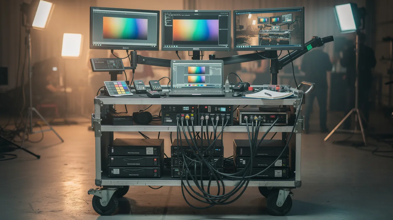 Die Bildbeschreibung zeigt eine professionelle DIT-Workstation am Filmset, ausgestattet mit mehreren kalibrierten Monitoren, einem Laptop, Kartenlesern und Kabeln auf einem mobilen Rollwagen. Diese Einrichtung ist entscheidend für die Arbeit des Digital Imaging Technician, um die Bildqualität und Datenverwaltung während der Filmproduktion zu gewährleisten.