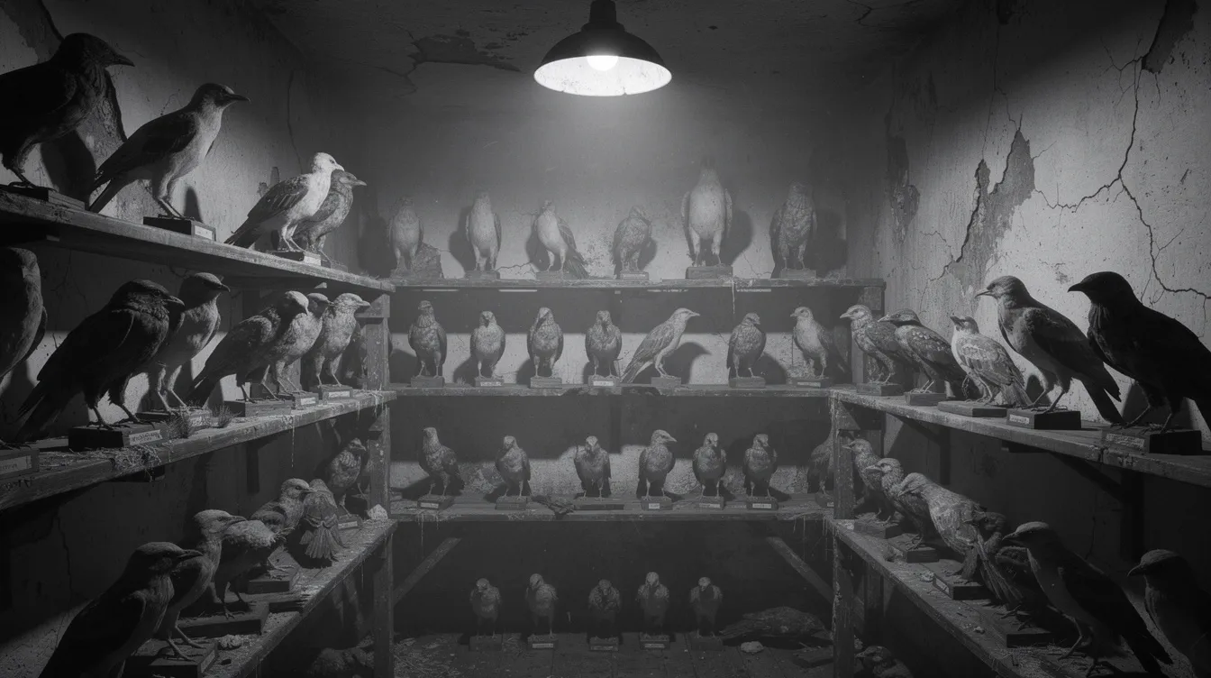 Der düstere Raum ist mit ausgestopften Vögeln auf Regalen dekoriert, während schwaches Lampenlicht die Schatten an den Wänden tanzen lässt. Diese Schwarzweiß-Fotografie erinnert an die Atmosphäre von Alfred Hitchcocks Klassikern und vermittelt ein Gefühl von Geheimnis und Spannung.