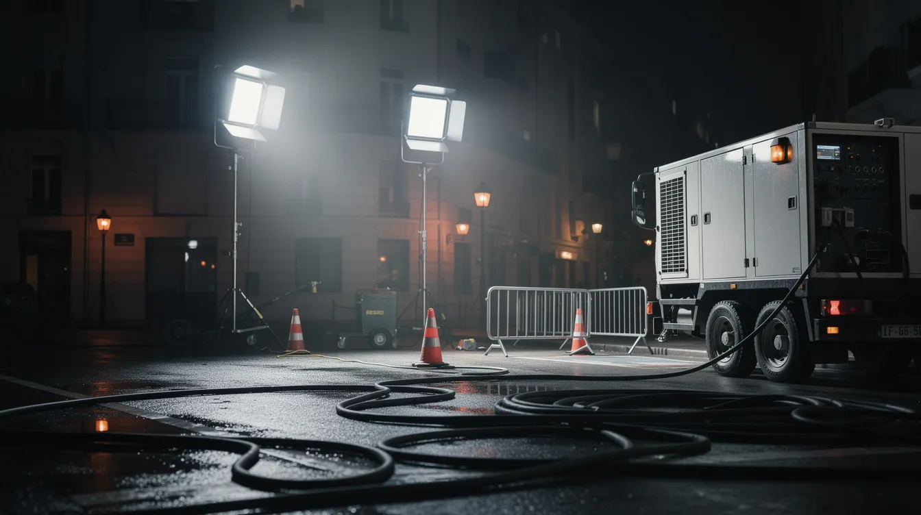 Auf der Stadtstraße bei Nachtdreharbeiten stehen große Filmscheinwerfer und ein Generatorwagen, während Kabel am Boden verlegt sind. Die Szene vermittelt das geschäftige Treiben eines Filmsets, wo das Licht und die Technik von der Filmcrew sorgfältig eingerichtet werden.