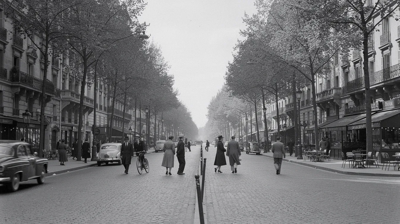 Die Schwarz-Weiß-Aufnahme zeigt eine breite Pariser Straße aus den 1950er-Jahren, gesäumt von alten Gebäuden und Bäumen, während Passanten in typischer Kleidung der Nouvelle Vague vorbeigehen. Die Szene vermittelt ein Gefühl von Leben und Alltag in Frankreich, das an die Filme von François Truffaut und die Figur des Antoine Doinel erinnert.