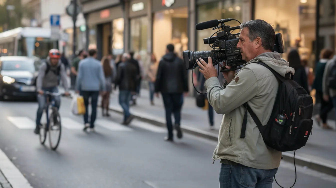 Ein Dokumentarfilmer mit einer Kamera auf der Schulter filmt eine lebhafte Alltagssituation auf einer belebten Straße, während Passanten und Fahrzeuge vorbeiziehen. Die Szene spiegelt das Drama und die Vielfalt des urbanen Lebens wider.