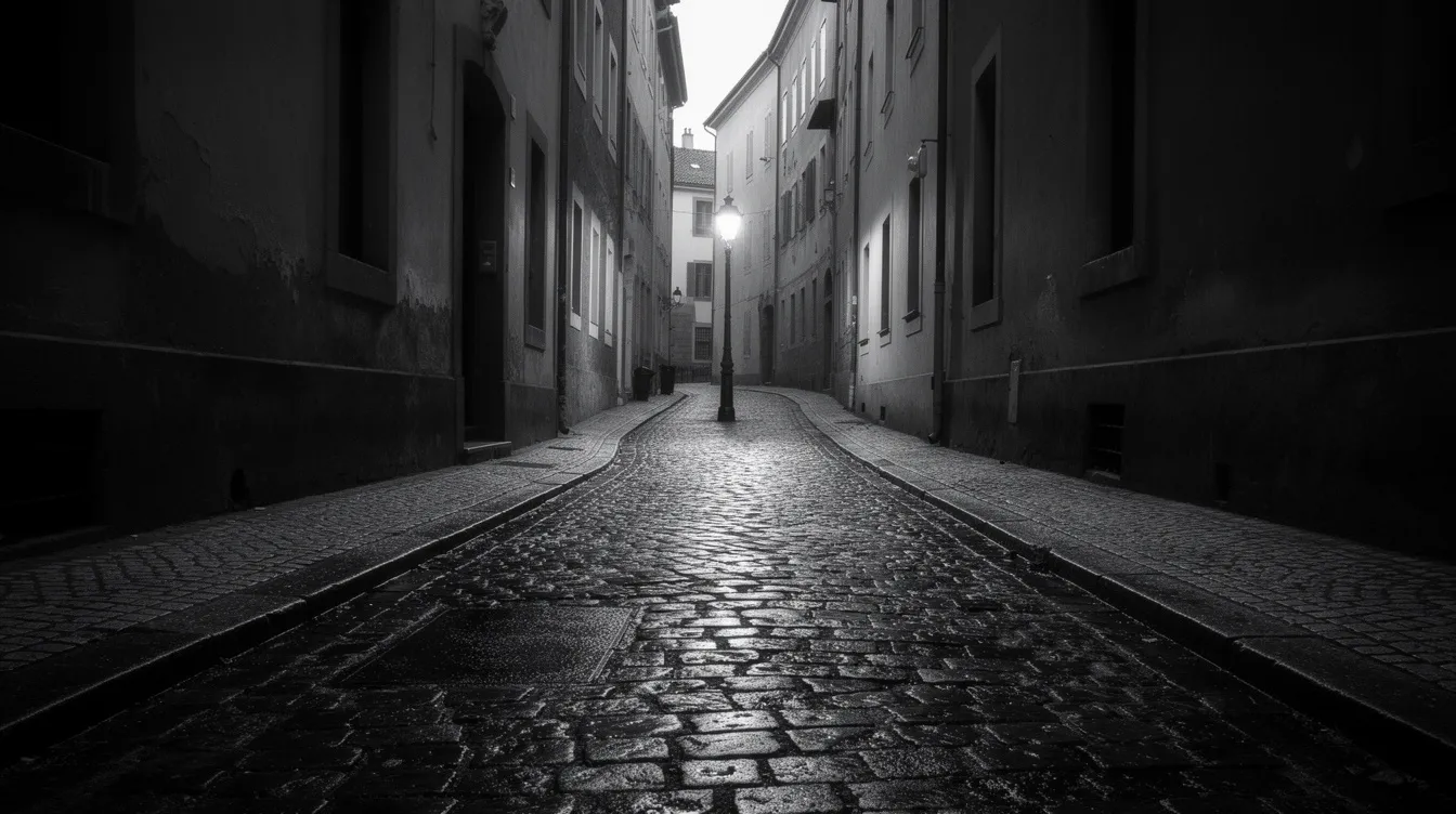 Die Schwarzweiß-Aufnahme zeigt eine schmale Gasse mit hohen Hauswänden, in der dramatische Schlagschatten auf dem Kopfsteinpflaster fallen. Am Ende der Gasse steht eine einzelne Straßenlaterne, die eine düstere Atmosphäre erzeugt, die an die Spannung in Fritz Langs Film "M" erinnert, in dem das Thema der Menschenjagd und die Angst vor einem Kindermörder im Mittelpunkt stehen.