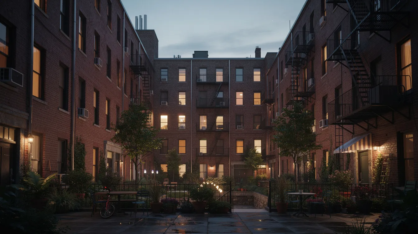 Der atmosphärische Blick auf einen sommerlichen New Yorker Innenhof bei Dämmerung zeigt erleuchtete Fenster in einer mehrstöckigen Backsteinwand, die an die Filmklassiker von Hitchcock erinnern. Diese Szene vermittelt ein Gefühl von Voyeurismus, während Nachbarn in ihren Wohnungen leben und die Dunkelheit des Hofes eine geheimnisvolle Stimmung erzeugt.