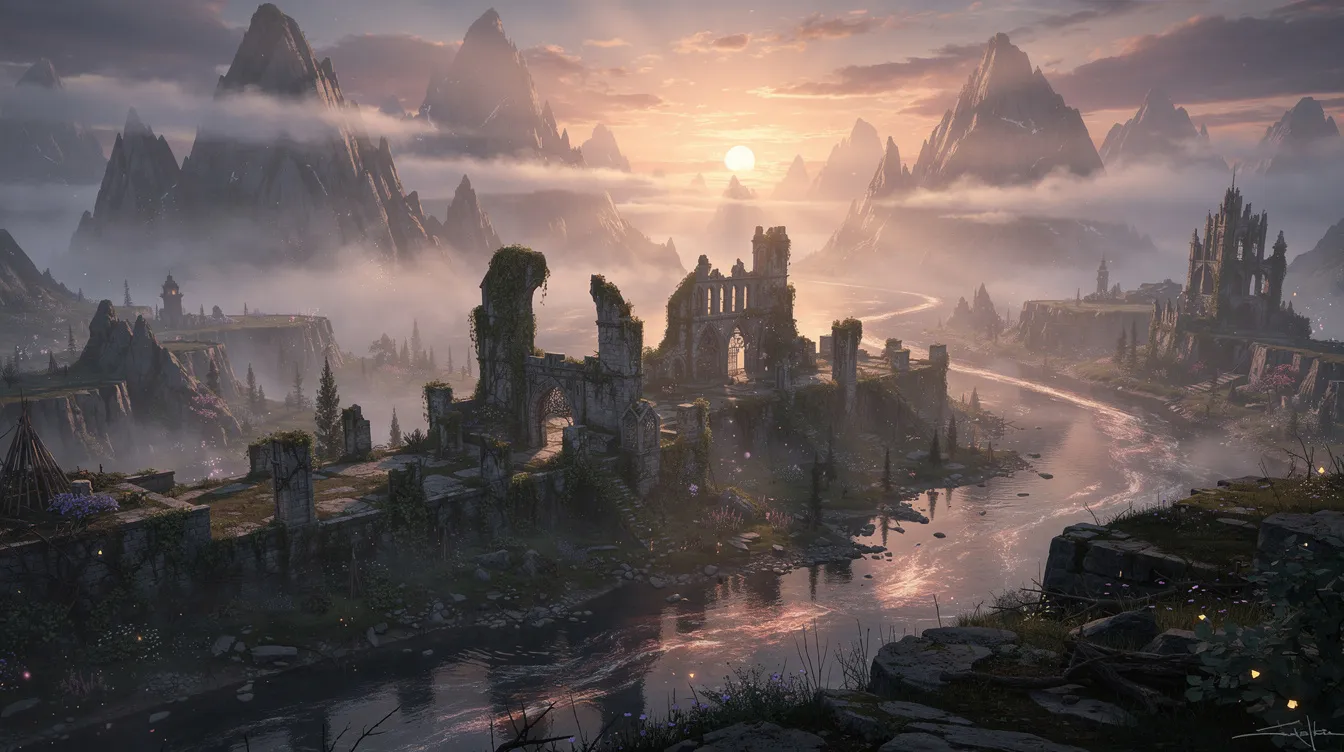 Die weitläufige Fantasy-Landschaft zeigt alte Ruinen, umgeben von nebelverhangenen Bergen und einem gewundenen Fluss, während die epische Beleuchtung des Sonnenuntergangs eine mystische Atmosphäre schafft. Diese Szenerie könnte als Hintergrundgeschichte für einen Film dienen, der in einer fantastischen Welt spielt und von vergangenen Ereignissen erzählt.