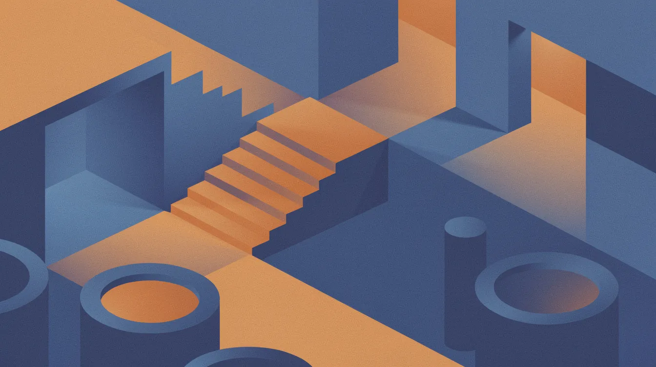 Die abstrakten geometrischen Silhouetten in kräftigen Blau- und Orangetönen bewegen sich dynamisch über stilisierte Treppen und Korridore im Mid-Century-Modern-Stil, die an die Atmosphäre von Filmen wie "Catch Me If You Can" erinnern. Diese lebendige Komposition vermittelt ein Gefühl von Bewegung und Freiheit, das die Fantasie anregt.