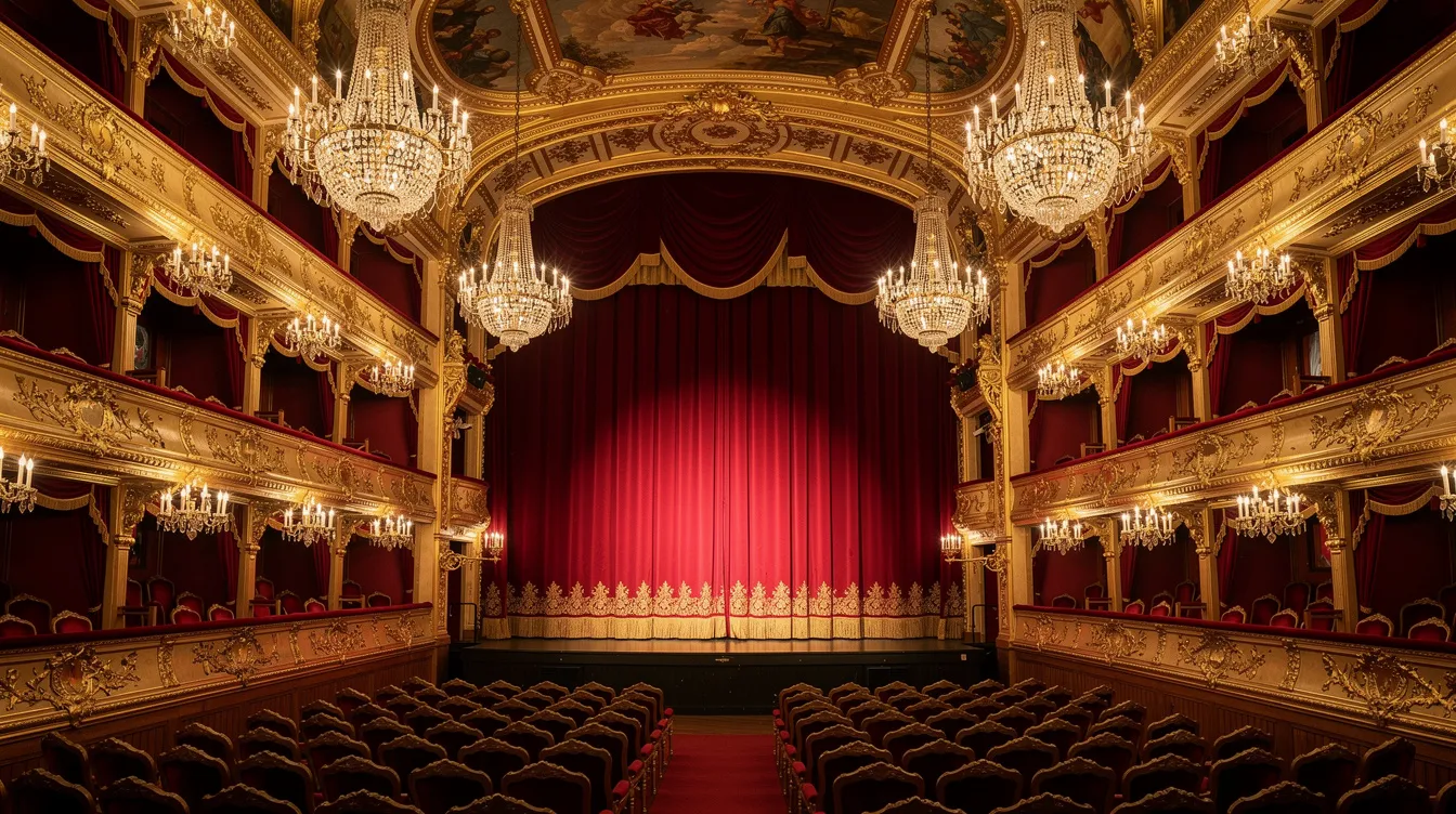 Das Bild zeigt den Blick in ein prunkvolles barockes Opernhaus mit reich verzierten Logen, funkelnden Kristallleuchtern und einem eleganten roten Samtvorhang, der die Atmosphäre von Kunst und Musik widerspiegelt. Solch ein prachtvoller Ort könnte auch die Kulisse für eine Inszenierung von Mozart oder Salieri sein.