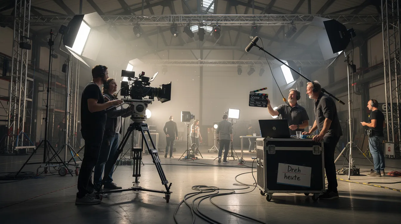 Das Bild zeigt ein Filmset in einer großen Halle, auf dem Kameraequipment und Scheinwerfer aufgebaut sind. Crew-Mitglieder arbeiten konzentriert, während sie den Spielfilm über die Geschichte von Paul Rusesabagina und das Hotel Ruanda vorbereiten.