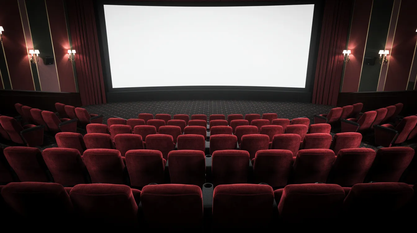 Das Bild zeigt ein Kino mit Reihen von roten Sitzen, die auf eine große Leinwand in einem schwach beleuchteten Auditorium ausgerichtet sind. In dieser Umgebung könnten Zuschauer einen spannenden Film über den Superhelden Spider-Man erleben, während sie sich auf ihre Sitze zurücklehnen und die Action genießen.