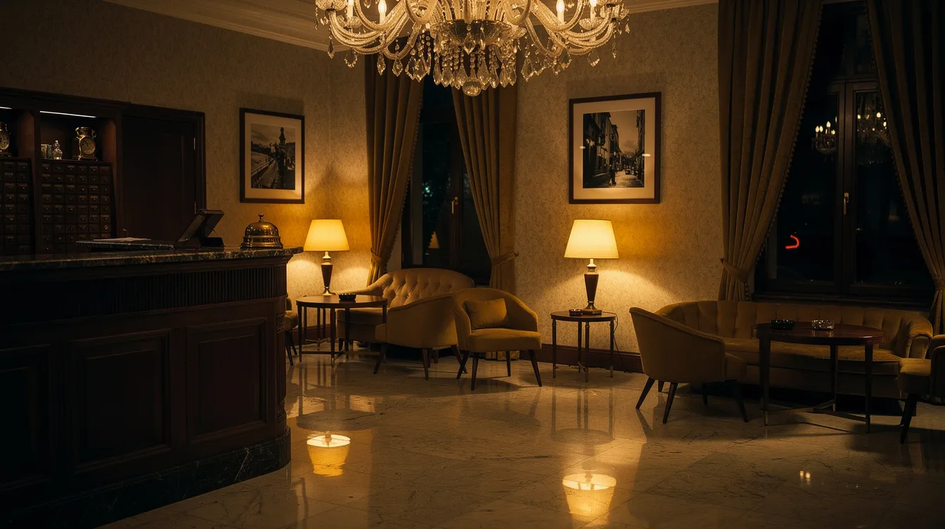Die stimmungsvolle Hotellobby der 1960er Jahre ist bei Nacht warm beleuchtet und zeigt elegante Möbel sowie einen glänzenden Marmorboden, der an die glamouröse Atmosphäre vergangener Zeiten erinnert. Diese Szenerie könnte leicht aus einem Film von Steven Spielberg stammen, in dem das Leben eines charmanten Betrügers wie Frank Abagnale jr. im Mittelpunkt steht.