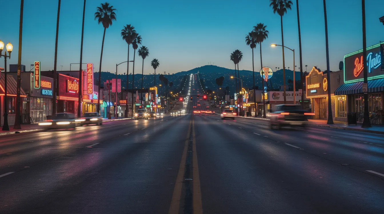 Eine abendliche Aufnahme des Sunset Boulevards in Los Angeles zeigt einen breiten Boulevard, gesäumt von Palmen und Neonlichtern, der sich in die Dämmerung erstreckt und auf die sanften Hügel der Stadt zuläuft. Diese Szene erinnert an die glamouröse Ära des Kinos, in der Figuren wie Norma Desmond und Joe Gillis lebten, und spiegelt die Atmosphäre des klassischen Films "Boulevard der Dämmerung" wider.