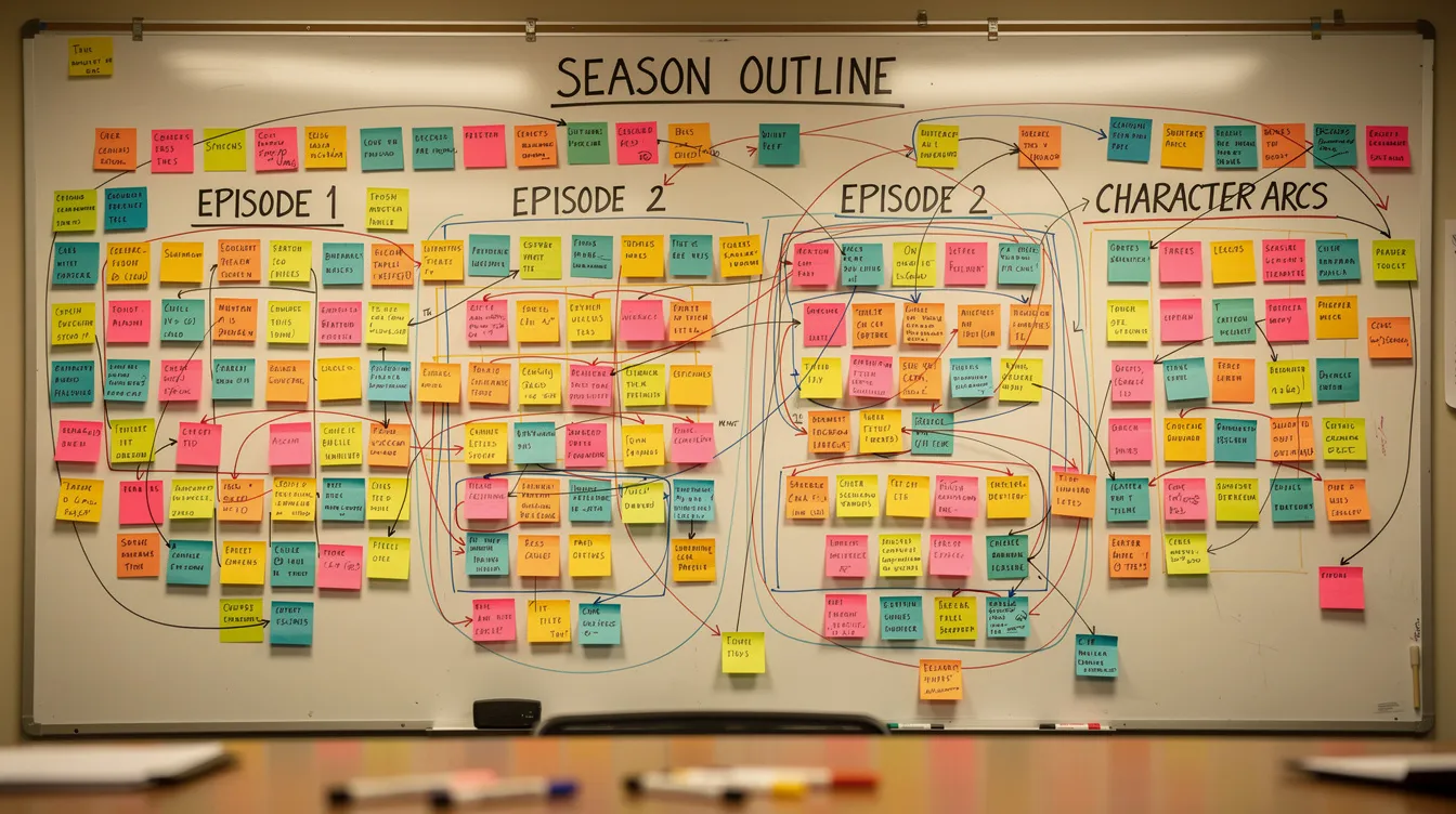 Das Bild zeigt ein großes Whiteboard, das mit bunten Haftnotizen und Verbindungslinien übersät ist, was an die kreative Atmosphäre in einem Writers Room für TV-Serien erinnert. Die Notizen repräsentieren verschiedene Plot Points und Charakterentwicklungen, die für das "slow burn" Erzählen von Geschichten in Fortsetzungsserien wie "Better Call Saul" wichtig sind.