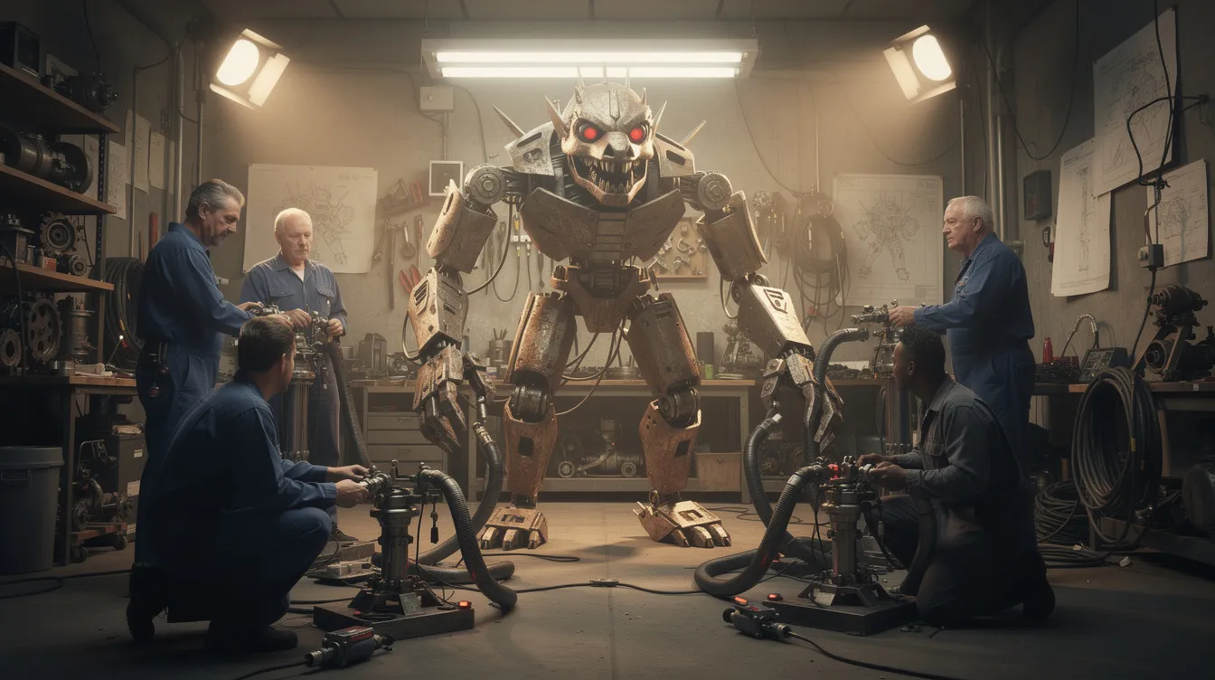 In einer Werkstatt stehen animatronische Kreaturenpuppen, die von mehreren Puppenspielern bedient werden, während hydraulische Mechanismen unter Studiobeleuchtung in Aktion sind. Diese Szene erinnert an die faszinierenden Elemente des "Alien"-Franchise und die kreativen Prozesse hinter den Kulissen von Filmen wie "Aliens – Die Rückkehr".