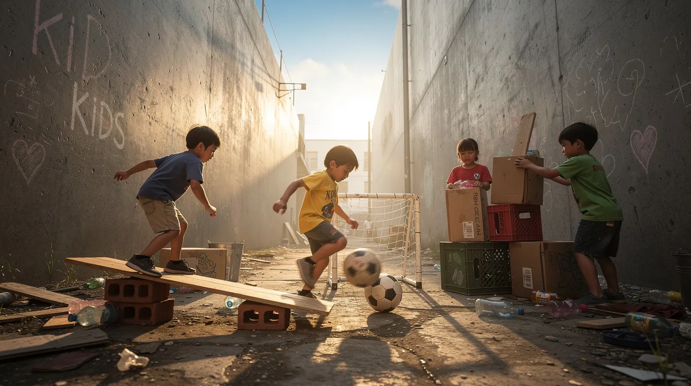 In einer engen, sonnenbeschienenen Gasse zwischen hohen Betonmauern spielen mehrere Kinder mit improvisierten Gegenständen. Diese Szene spiegelt die Herausforderungen und die Hoffnung wider, die in der "Stadt der Hoffnung" Capernaum, bekannt aus dem Film von Nadine Labaki, präsent sind.