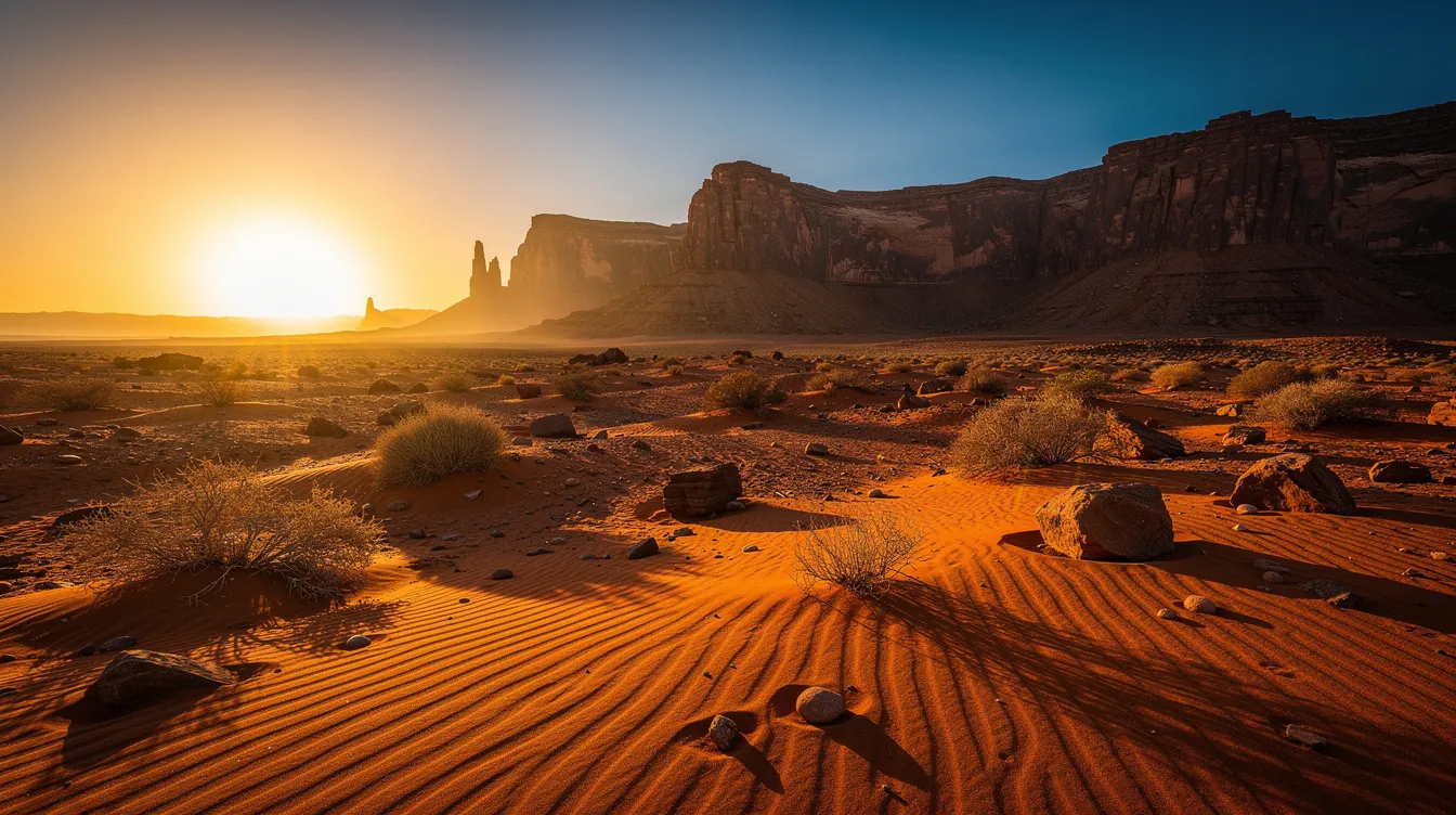 Die dramatische Wüstenlandschaft zeigt lange Schatten, die von der tiefstehenden Sonne erzeugt werden, während beeindruckende Felsformationen im Hintergrund sichtbar sind. Diese Szenerie könnte perfekt in einen Abenteuerfilm wie "Indiana Jones und der letzte Kreuzzug" passen, in dem die Suche nach dem Heiligen Gral im Mittelpunkt steht.
