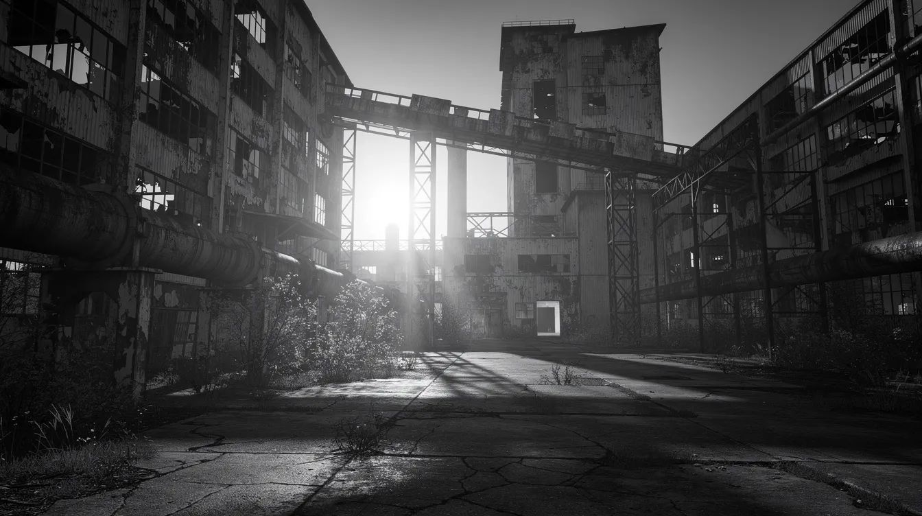 Die kontrastreiche Schwarz-Weiß-Aufnahme zeigt eine verlassene Industrieanlage, die von tiefen Schatten und dramatischem Gegenlicht geprägt ist. Diese düstere Szenerie erinnert an die Atmosphäre aus Filmen wie "Logan" mit Hugh Jackman, in denen die Grenzen zwischen Action und Drama verschwimmen.