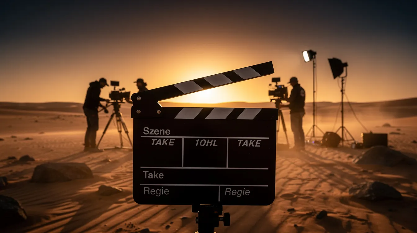Eine Filmklappe steht im Vordergrund vor einem beeindruckenden Wüstenpanorama, während die Silhouetten einer Filmcrew im Hintergrund bei Sonnenuntergang sichtbar sind. Diese Szene erinnert an das Abenteuer von Indiana Jones und der letzte Kreuzzug, in dem die Suche nach dem heiligen Gral im Mittelpunkt steht.