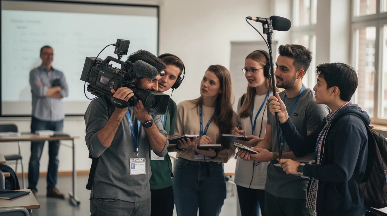 In einem Seminarraum dreht eine Gruppe von Filmstudierenden mit einem Schultercamcorder, während ein Dozent im Hintergrund aufmerksam zuschaut. Die Szene zeigt die kreative Atmosphäre des Filmens und die Nutzung moderner Kameratechnologie.
