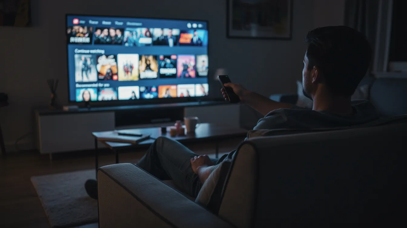 Eine Person sitzt auf einem Sofa und zeigt mit einer Fernbedienung auf einen großen Fernseher, der eine Streaming-Oberfläche mit verschiedenen Serien-Thumbnails zeigt. Der Raum ist abgedunkelt, was eine gemütliche Atmosphäre für das Erzählen von Geschichten schafft.