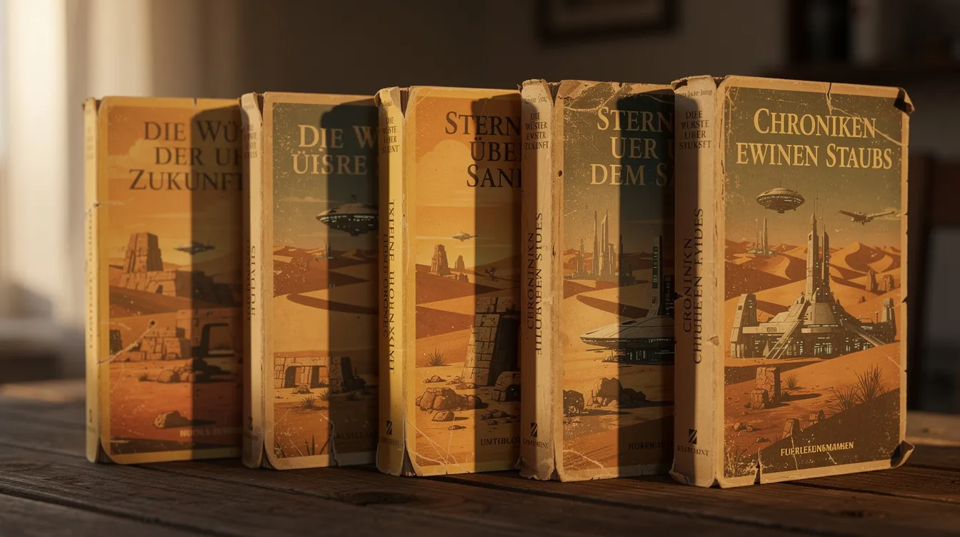 Das Bild zeigt alte, vergilbte Buchcover mit Wüstenmotiven und futuristischen Elementen, die auf einem Holztisch in warmem Licht angeordnet sind. Diese Cover repräsentieren den Science-Fiction-Klassiker "Dune" von Frank Herbert und erinnern an die epischen Geschichten über Arrakis und die Herausforderungen, die Paul Atreides und das Haus Atreides erwarten.