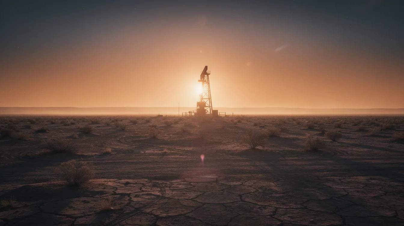 Die Darstellung zeigt eine weite, karge Wüstenlandschaft mit einem einzelnen Ölbohrturm im Gegenlicht, der symbolisch für das epische amerikanische Kino steht. Diese Szenerie erinnert an die besten Filme der 2000er, die oft mit Themen wie Krieg und den Höhen und Tiefen des Lebens spielen.