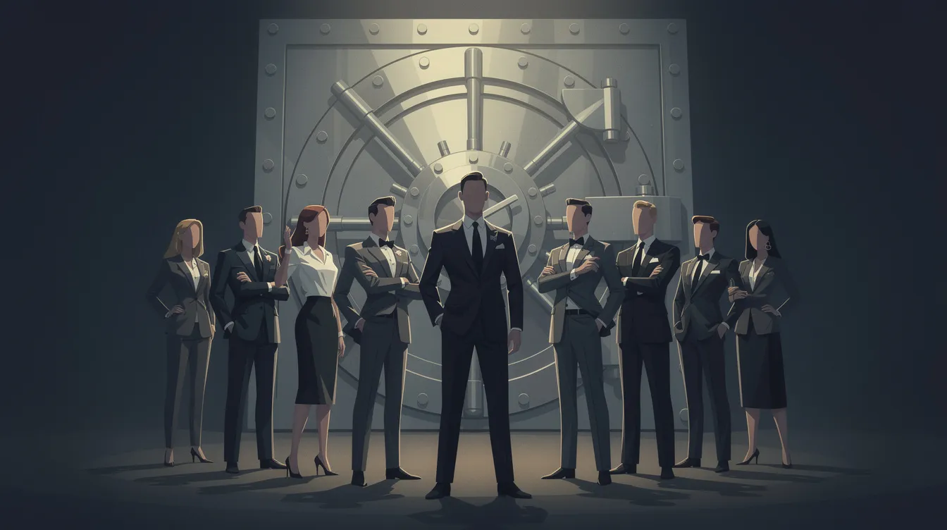 Eine stilisierte Gruppe von Personen in eleganten Anzügen steht vor einem großen Tresor, umgeben von gedämpftem Licht, was an eine Szene aus einem klassischen Gaunerfilm erinnert. Die Atmosphäre vermittelt das Gefühl von Geheimnissen und Betrug, ähnlich den Geschichten von Trickbetrügern und Gangsterbossen.