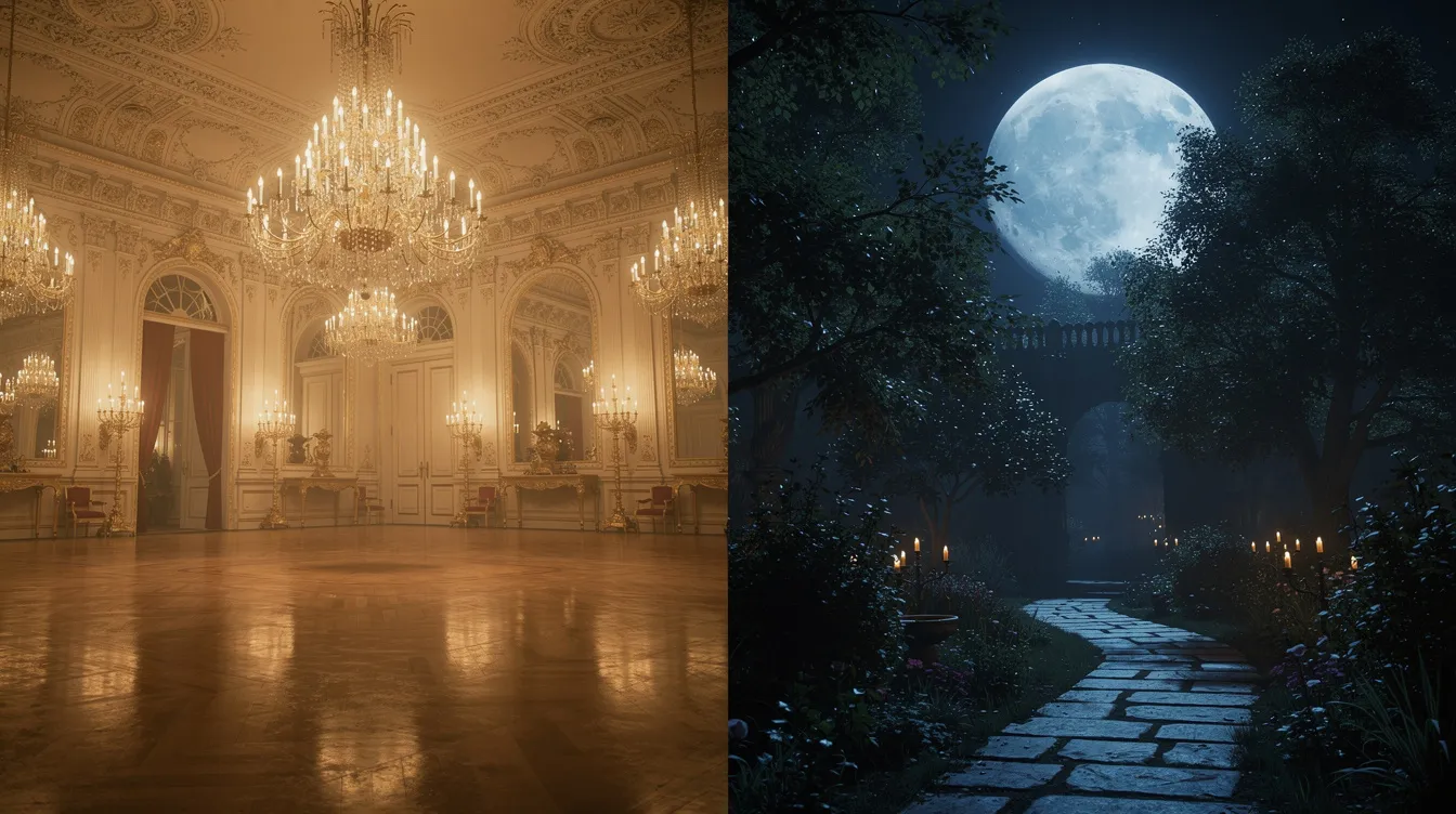 Das Bild zeigt links einen warm beleuchteten Festsaal mit eleganten Kronleuchtern und Kerzen, der eine festliche Hochzeitsatmosphäre ausstrahlt, während rechts ein dunkler Garten bei Nacht mit dem kalten blauen Licht eines großen Himmelskörpers, möglicherweise einem Planeten, eine melancholische Stimmung vermittelt, die an Lars von Triers Meisterwerk "Melancholia" erinnert.
