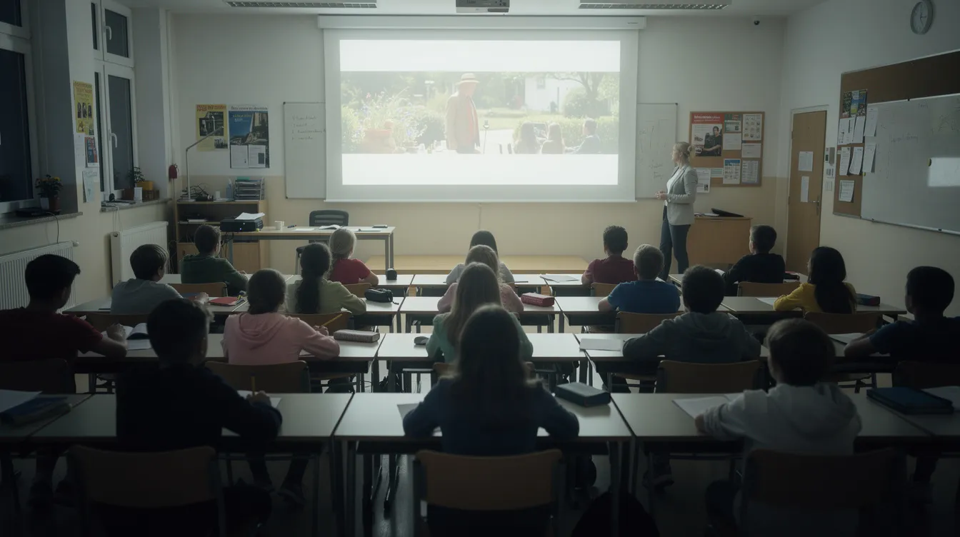 Das Bild zeigt ein Klassenzimmer, in dem Schüler in Reihen sitzen und gebannt auf eine Leinwand blicken, auf der ein Film projiziert wird. Die Atmosphäre ist konzentriert, während die Schüler die Filmanalyse eines Klassikers wie "Goodfellas" erleben, der die Welt der Mafia und die komplexen Beziehungen der Charaktere wie Henry Hill und Tommy thematisiert.
