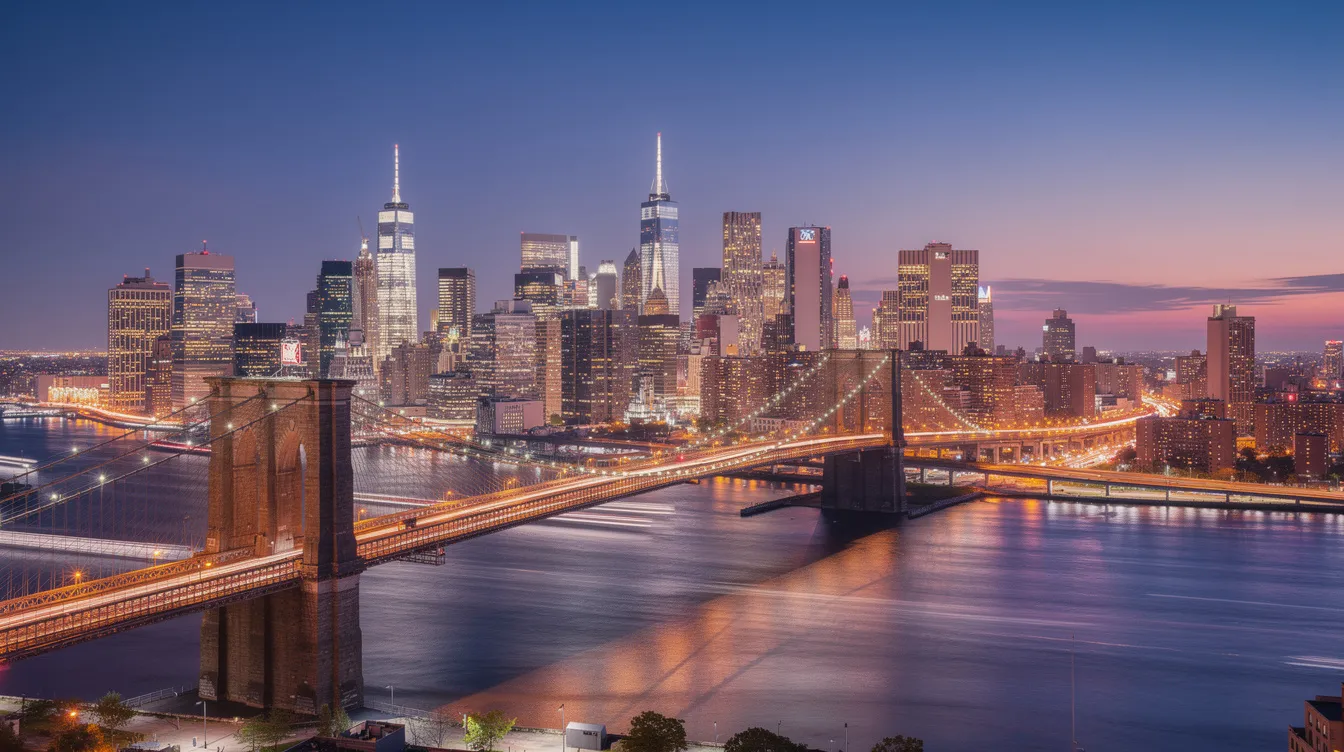 Der Panoramablick auf die Skyline von New York bei Dämmerung zeigt beleuchtete Wolkenkratzer und die Brooklyn Bridge im Vordergrund, während das Wasser des East River die Lichter reflektiert. Diese beeindruckende Aussicht ist ein beliebtes Ziel für Touristen und bietet einen einzigartigen Blick auf die Stadt und ihre Sehenswürdigkeiten.
