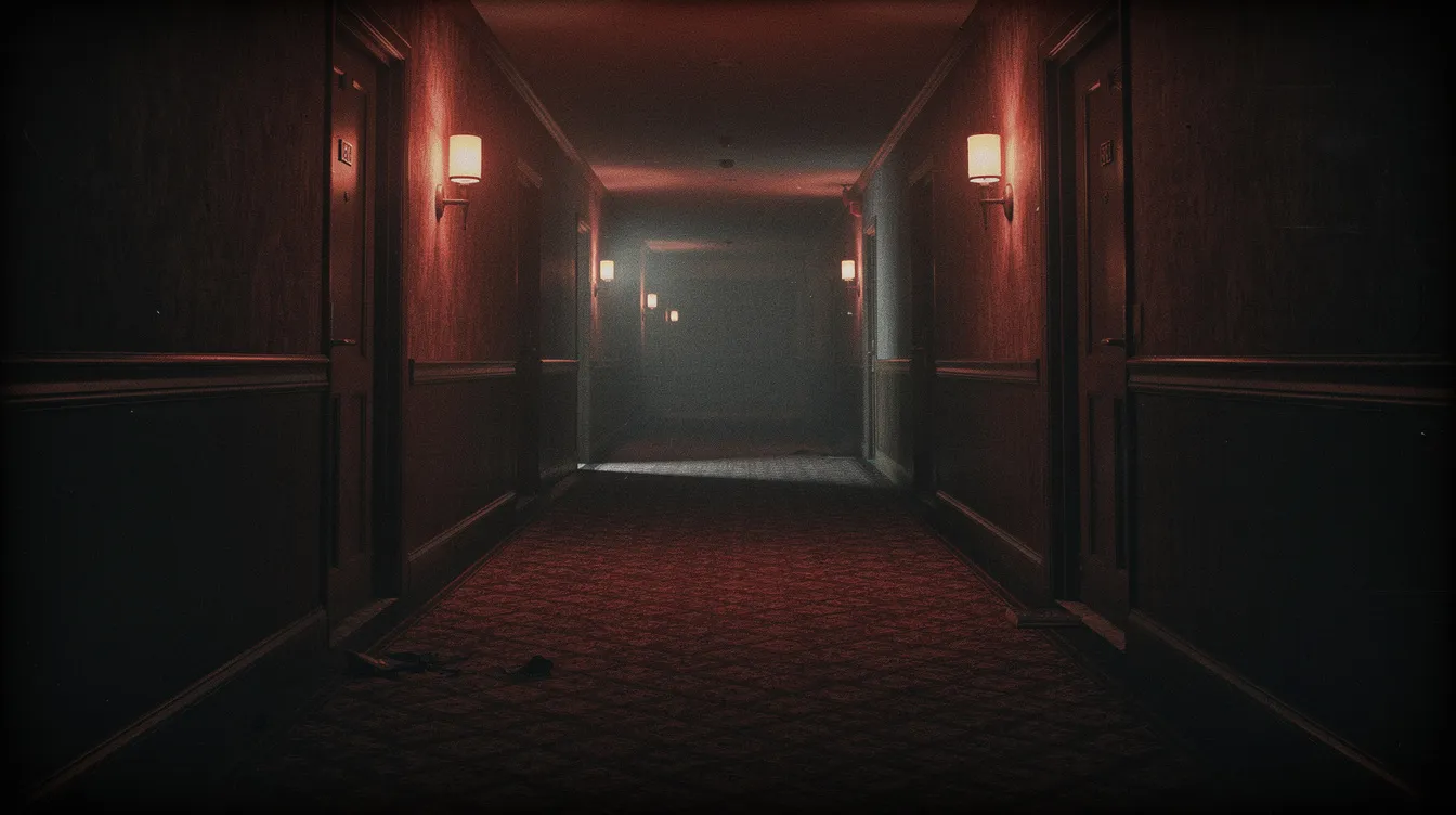 Der dunkle Hotelflur ist in unheimliches, rötliches Licht getaucht und vermittelt eine retro-inspirierte Atmosphäre. Der leere Korridor erstreckt sich in einer geraden Linie von links nach rechts und lässt die Zuschauer in eine desorientierende Szene eintauchen, die an die Werke von Stanley Kubrick erinnert.