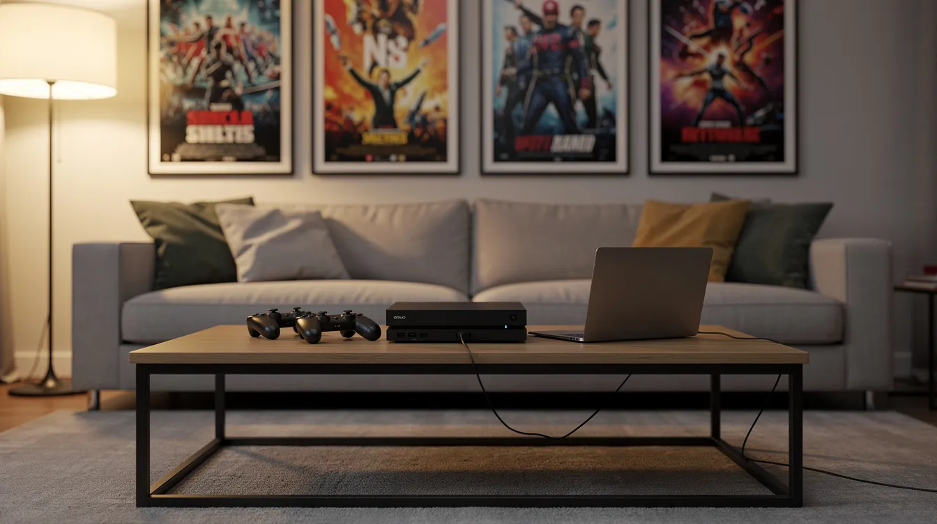 Der moderne Wohnzimmertisch ist mit einer Spielekonsole und einem Laptop ausgestattet, während im Hintergrund Filmplakate zu sehen sind, die Elemente aus verschiedenen Serien und Filmen zeigen. Diese Zusammenstellung schafft eine gemütliche Atmosphäre, die sowohl für Spieleabende als auch für Filmabende einlädt.